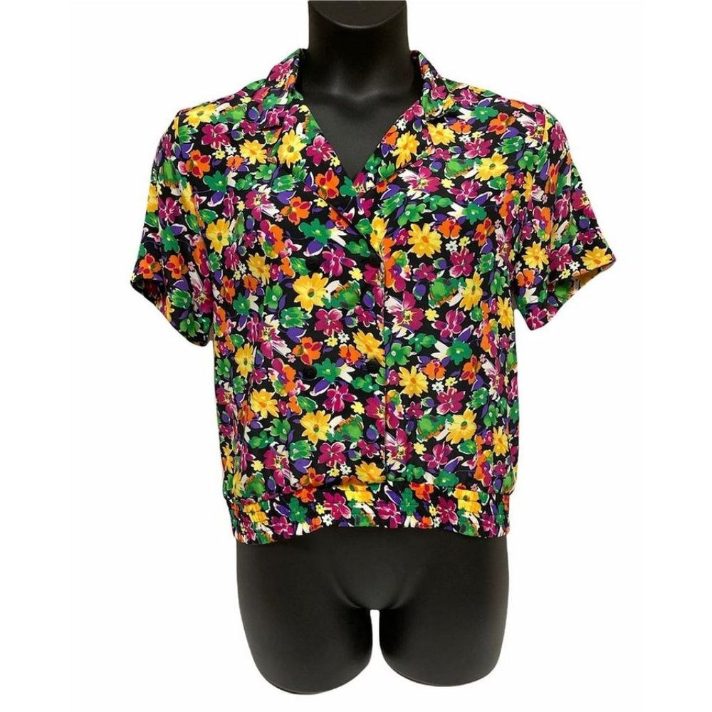 Vintage Size 8P Bright Floral Silky Pullover Collared Shirt by Complements